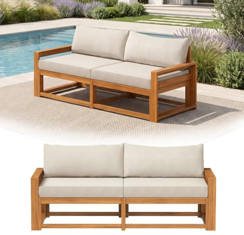 STEELSØN Mizaru Gartenlounge 2-Sitzer, Balkon-Sofagarnitur, Taupe, modular | Lounge Sitzgruppe aus massivem Akazienholz, Terrassenmöbel Set, 10 cm Rück-/Sitzkissen, Gartenmöbel mit Armlehnen, wetterfest