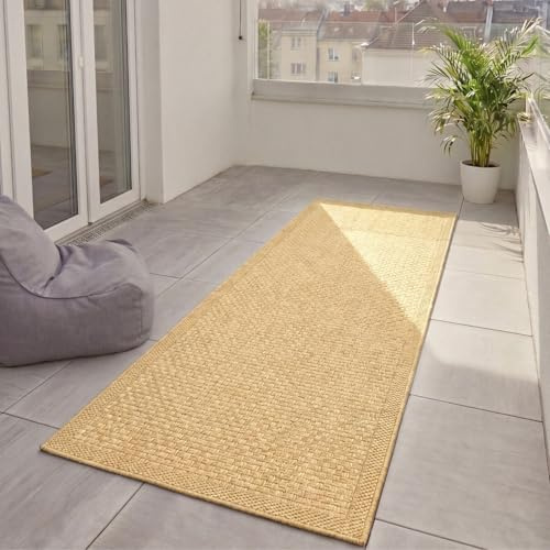 benuta Basic In- & Outdoor Teppich Wohnzimmer Iowa - Beige 80x250 cm - Boho Jute-Look wetterfest für Balkon, Terrasse - Schlafzimmer, Küchenteppich & Wohnzimmerteppich - Strapazierfähig & Robust