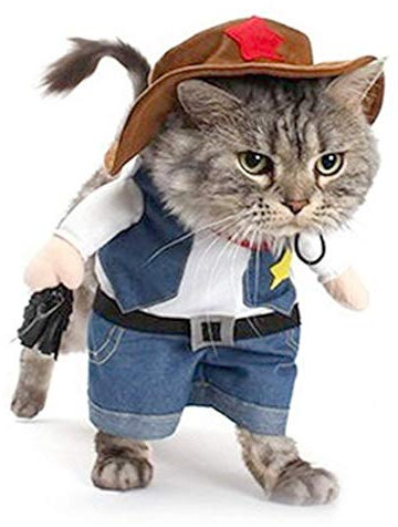 NACOCO Cowboy-Kostüm mit Hut, blaue Katze und kleine Hunde, Größe M