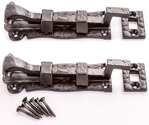 2X Black Cast Iron Necked Scroll Door Bolts - Recessed Slide Latch/Catch Locks
