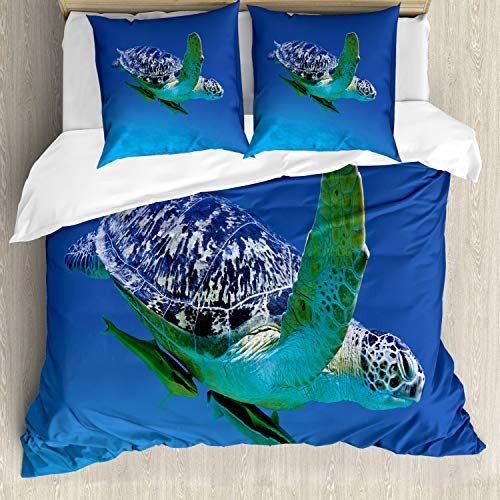 ABAKUHAUS Wasser Bettbezugs Set Für Doppelbetten, Tropen Schildkröte Aquarium, Milbensicher Allergiker geeignet mit Kissenbezügen, Violet Blue Farn-Grün