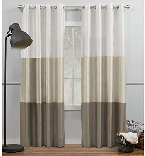 Exclusive Home Chateau Striped Faux Silk Grommet Top Curtain Panel Pair, 54x96, White Sand