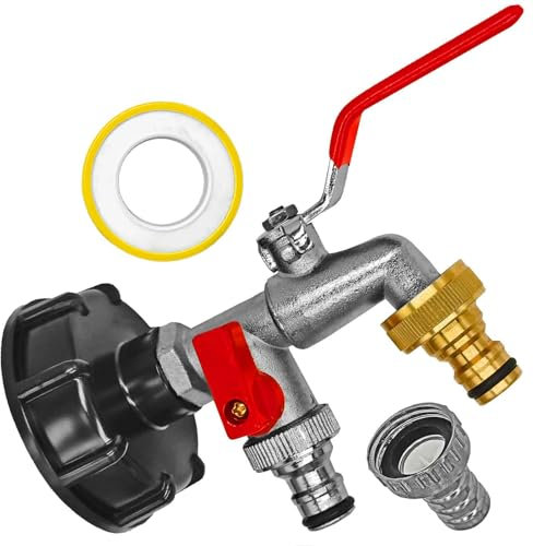 IBC Container Zubehör Adapter Kappe Deckel - Tank Adapter + Doppelhahn mit 2 Stecker für Gardena