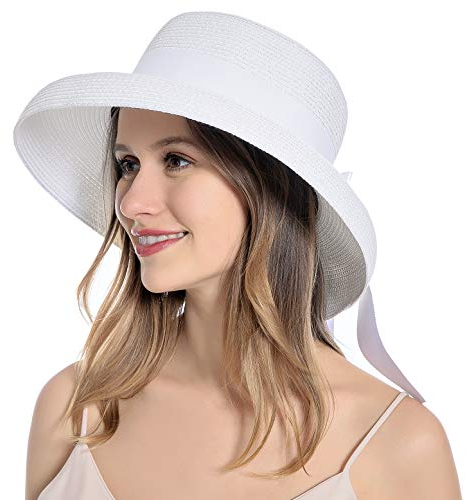 Muryobao Damen Sonnenhut Strohhut Sommer UV-Schutz Reise Faltbare Krempe Eimer Hut Vintage Glocke Strand Angeln Kappe, Weiss/opulenter Garten, Einheitsgröße