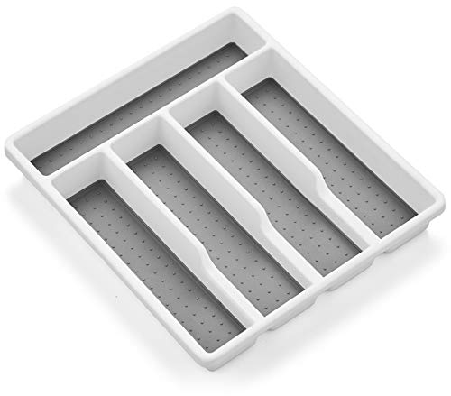 Joyfair Besteckkasten für Schublade, Plastik Besteckeinsatz, 5 Fächern Utensilienfach, Heavy Gauge Besteckinhaber, Küche/Büro/Zubehör, Anti-Rutsch-Weichbasis, Weiß & Grau - 32.6x29cm