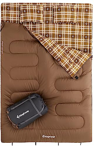 KingCamp Doppelschlafsack Winter Schlafsack 2 Personen Outdoor Warmer Deckenschlafsack Tragbar Leicht 3-4 Jahreszeiten mit 2 Flanell Kissen Camping Schlafsack für Kinder & Erwachsenen 4kg Kaffee