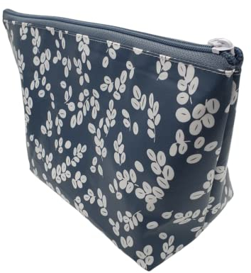 Große Kosmetiktasche aus Wachstuch - für Schminke/Make-Up/Shampoo/Bürste/Kamm/Zahnbürste - Blüten blaugrau-