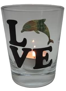 Lichtidee Teelicht Glas Windlicht Tischlicht Print mit Love Delfin anthrazit bunt Handmade Unikat Ostern Muttertaggeschenk, Höhe 8cm,