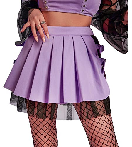 ORANDESIGNE Gonna a Pieghe da Donna Linea ad a Gonna a Pieghe con Rete Mini Gonna Corta Gotica a Vita Alta Gonna Scozzese da Scolaretta Y2K Harajuku Punk Nero Streetwear A Viola M