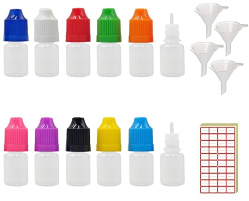 XIAONAN 100 Pack x 5ml LDPE Plastic Liquid Water Squeezable Eye Dropper Empty Bottles (Bottles + Mixed Colour Caps + Tips + Funnel + Label)