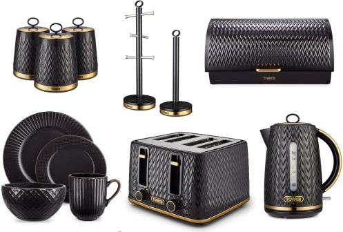 Tower Empire Black Jug Kettle, 4 Slice Toaster, Bread Bin, Set of 3 Canisters, Mug Tree, Towel Pole & 16 Piece Dinner Set. Art Deco Design Matching Ultimate Kitchen Set in Black with Brass Accents