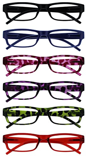 OPULIZE ACE Reading Glasses for Women Men, Lightweight Comfortable Narrow Rectangular Frame with Spring Hinges, Scratch Resistant, Black Blue Pink Purple Green Red +1.00 (Pack of 6)