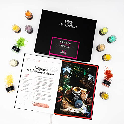 Hallingers Frauen-Wellness-Programm & Happiness is handmade - 12er Badesalz-Geschenk-Set mit Totes Meer-Salzen & Kochbuch (Set) - Geschenk im Sommer & als perfektes Grillgeschenk | Glückwunsch Glückwü