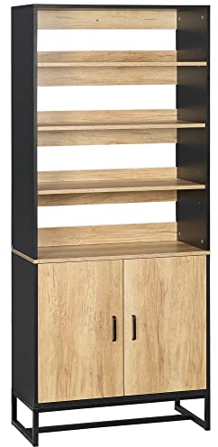 HOMCOM Buffet Armoire de Cuisine Multi-rangements avec Placard et 4 étagères réglables dim. 75L x 35l x 175H cm Noir et Naturel