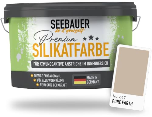 SEEBAUER diy Silikatfarbe Hellbraun 5L für Innen (No. 647 Pure Earth) Atmungsaktive Mineralfarbe für Allergiker - Abwaschbare Wandfarbe - Brauntöne hohe Deckkraft