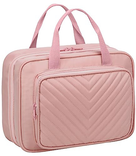 Kasgo Trousse de Toilette Femme Voyage, Grande Vanity Femme Trousse de Maquillage à Suspendre Imperméable Transparente avec Sangle à Bagage et Crochet pour Voyage d'affaires Vacances Rose