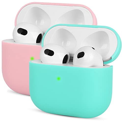 Mocarheri 2X Kompatibel mit AirPods 3 Generation Hülle 2021, Ultra-dünnes, Silikon Stoßfeste Weiches Schutzhülle für AirPods 3, Voller Schutz für AirPods 3 Case Cover,minzgrün/Rosa