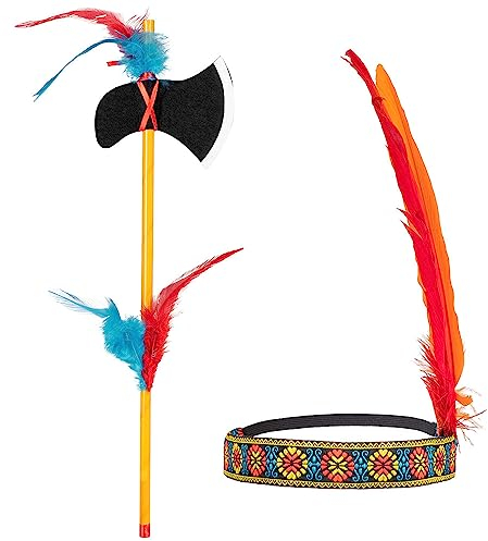 MIMIKRY Native American Costume Accessory Set Headband with Feathers and Tomahawk Indian Headdress and Hatchet