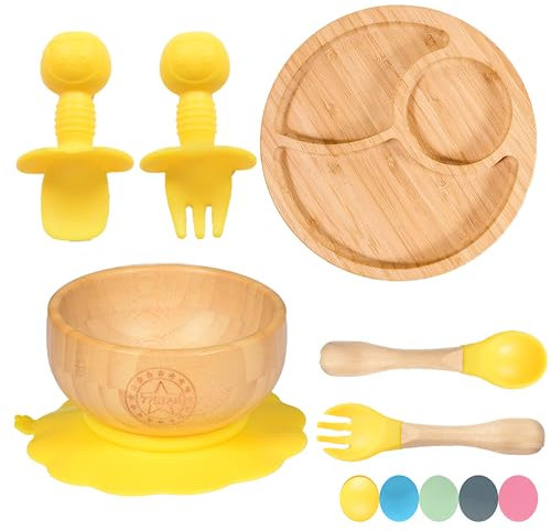 77Star Bamboo Baby Weaning Set, Baby Suction Bowl, Suction Plate Baby, Spoon & Fork, Strong Detachable Suction Base Baby Feeding Set, Non-Slip Bamboo Bowl & Baby Plates with Suction (Yellow) (WS01)
