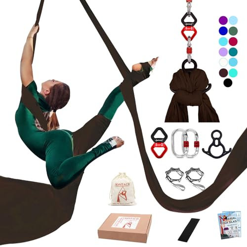 Aerial Silks Yoga Swing Set Equipment - 11 Yards Aerial Yoga Hammock kit, Low-stretch fabrics for Beginner Dance, Full Accessories (Dark chocolate brown)