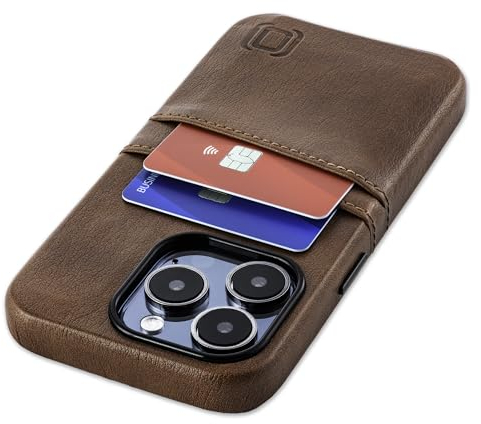 Dockem Kartenetui für iPhone 15 Pro mit Integrierter Metallplatte für Magnetischen Befestigung und 2 Kartenfächer: Exec M2 Premium Kunstleder Kartenhülle (iPhone 15 Pro, Braun)