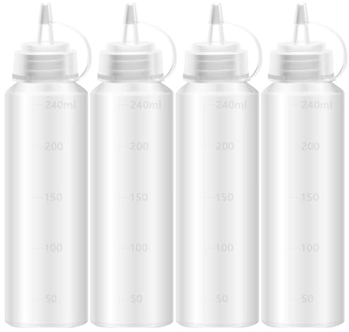 4 Stück Squeeze Flasche aus Kunststoff,Flaschen für Malen Pigment,Plastik Quetschflasche,Kein Leck Condiment Mit Kappen für Backen,Ketchup,scharfe Soße,Olivenöl, Saucenflasche,240 ml (8 oz), Weiß
