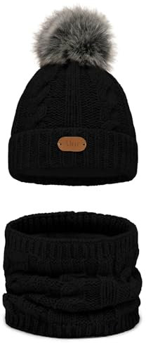 Alur Mütze Kinder Unisex Beanie mit Loop Schal Set Wintermütze Strickmütze mit Bommel - Warme Elastisch Elegant Winter Mütze Schal Eko Bommelmütze - Weiches Garn Stilvoll Warm (Schwarz)