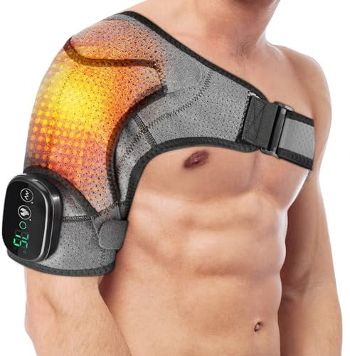 Heated Shoulder Support with 3-level Vibration,Shoulder Brace with Electric Massage, Heated Shoulder Wrap for Men & Women,Wireless Shoulder Heat Pad with 3 Heating Mode