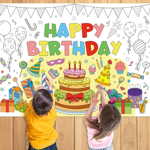 ALEGRE Geburtstagsbanner Happy Birthday Deko Ausmal-Tischdecke,110 * 80CM Happy Birthday Poster zum Ausmalen,Tischdecke zum Ausmalen,Bemalbare Papiertischdecke,Ausmaltischdecke