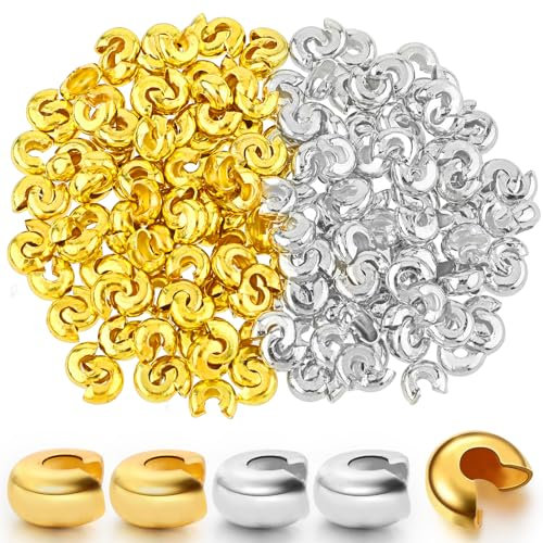 200 Stück Kaschierperlen 5 mm halbrund offene Quetschperlen Metall Quetschperlenabdeckungen Crimp Knotenabdeckungen Perlen Endspitze für Schmuckherstellung