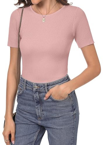 Irevial Maglietta Donna T Shirt Donna Manica Corta Magliette Donna Basic A Maglia Fine Sottile Colletto U Camicette Casual Estive Rosa L