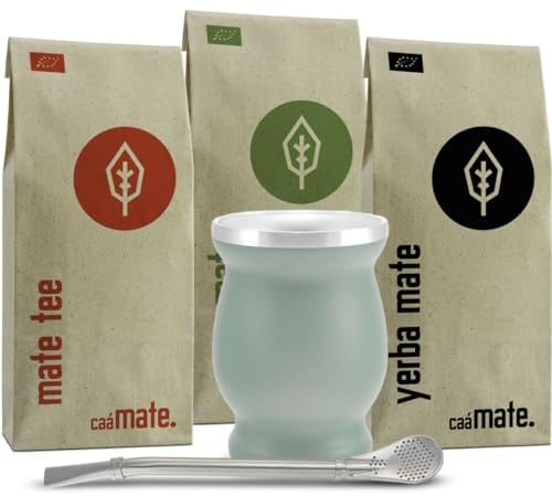 Mate Tee Set Bio ● 3 Matesorten + doppelwandiger Edelstahl Matebecher + Bombilla + Zubereitungsanleitung (grün)