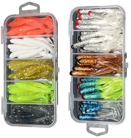 AZSJML 102 Stück Angel Köder Künstlicher Wurm, Künstliche Köder Würmer Fisch, weiche Kunststoffwürmer, Angel Köder Box Set Wurm Angelköder Wurm-Angelköder für Salzwasser und Süßwasser