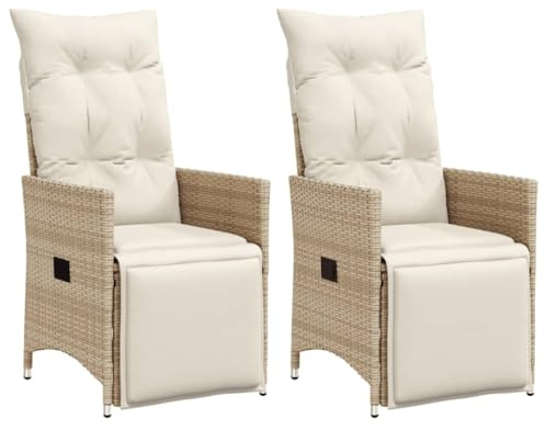 vidaXL Sillones reclinables de jardín con Cojines Beige 2 uds ratán PE, Silla de Patio reclinable, Asiento de jardín reclinable, Tumbona