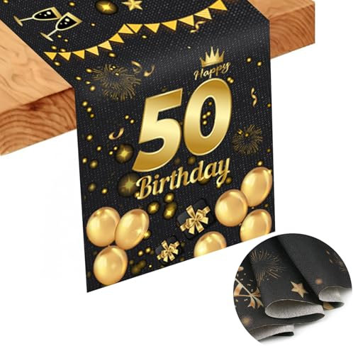 Tischläufer 50 Geburtstag, Schwarz Goldene Party Tischdecke, Tischläufer 50 Geburtstag aus Leinen für 50 Jährige Jungen, Mädchen, Geburtstag, Feier, Party, Tischdecke, Dekoration (186 x 34cm)