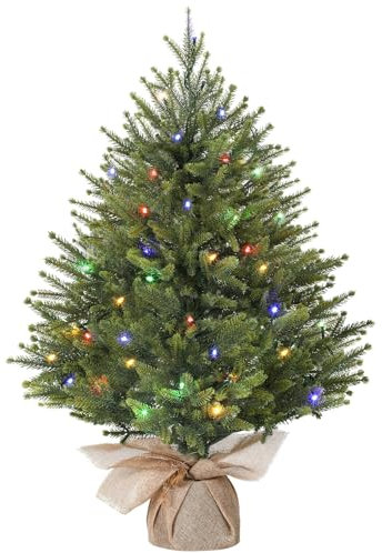 Alupssuc 2 Pied Mini Sapin de Noël Artificiel Pré-éclairé, Branches en PE avec Base en Sac de Jute, LED Colorées, 8 Modes d'éclairage, Parfait pour Les Décorations de Noël, la Maison, la Cuisine-Vert
