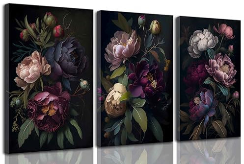 3 Stück Moody Floral Leinwand Wandkunst Vintage Dunkle Pfingstrosen Blumen Botanisches Stillleben Gemälde Bild Wanddekoration Poster Druck Kunstwerk für Wohnzimmer Schlafzimmer Frauen Zimmer