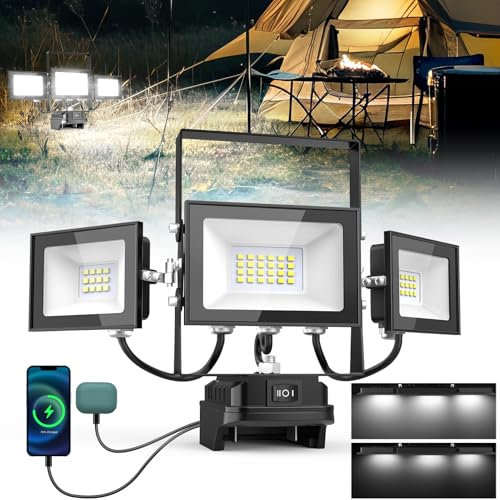 18V Led Baustrahler Arbeitsscheinwerfer, 90W 6500K Kabellose Baustellen Lampe LED Strahler Akku IP65 Wasserdichte Scheinwerfer mit USB-Anschluss Für M-akita 360° Arbeitsbeleuchtung (Kein Akku)