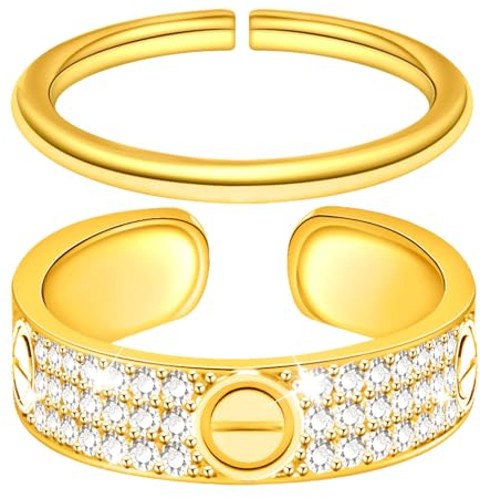Love Ring Frauen,Ringe Set Gold Damen,Damenring Sterling Silber 925,Wasserfest,Herren,Stapelbare,Verstellbar,Dupes,Nagel Goldene CC Schmuck,Ideal Geschenk für Frauen Geburtstage