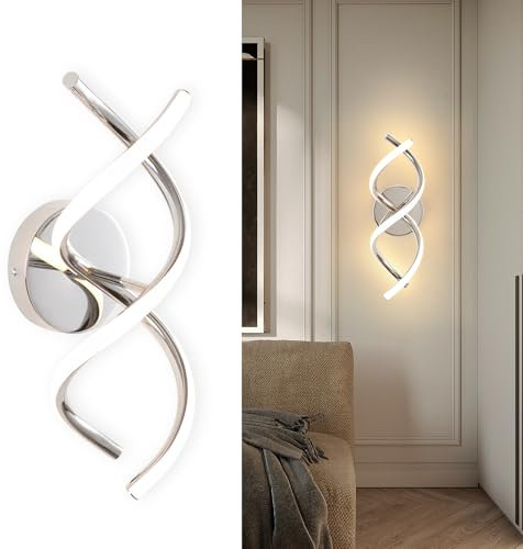 EIDISUNY Wall Lamp LED Silver Modern Elegant Spiral Indoor Wall Lights for Bedside Bedroom Living Room Hallway Bathroom Kitchen Wall Lighting Fixture - Chrome 24W 3000K Warm White Light