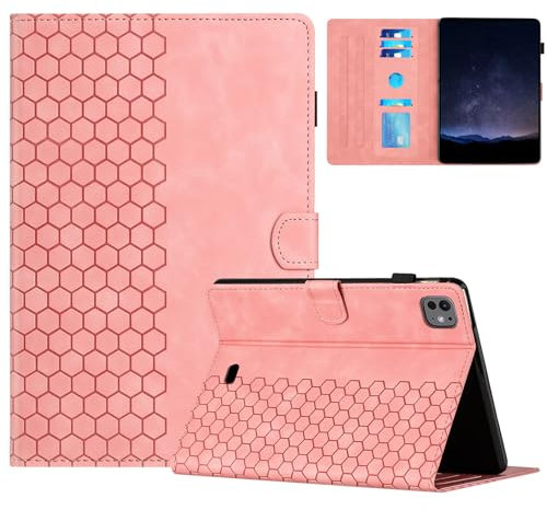DayQiQiPu Caso per iPad Air 5a/4a Generazione (10,9 Pollici, 2022/2020 Model) Motivo a Nido d'Ape Cavalletto Chiusura Magnetica Flip con Auto Svegliati/Sonno Copertura Protettiva,Pink