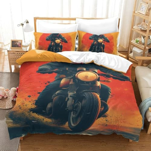 RSIUUODNF Motorrad Bettwäsche 3D Bettbezug Set Mit Reißverschluss Und Kissenbezug, Mikrofaser Bettbezüge 3 Teilig Für Erwachsene Kinder Single（140x200cm）