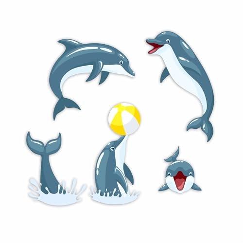 x5 Fun Dolphin Stickers for Wall Decor, Covering Marks, Mugs & Cups, Car Bumpers, Shower & Tile, Toilets, Laptop & More Sea Animal Vinyl Decals, Hardwearing Waterproof (Fun Dolphins)
