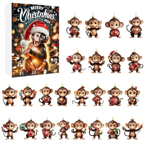 Generic 2D-Adventskalender mit Affenanhänger, 24 Tage Weihnachtsferien, Adventskalender-Anhänger, Weihnachts-Countdown-Kalender mit 24 Cartoon-Affen-Ornamenten, Weihnachtsbaum-Dekoration, D