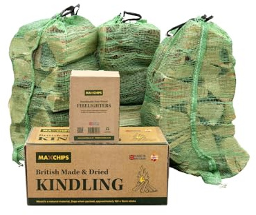 3 Nets of Kiln Dried Softwood Logs, 1 Box of Kiln Dried Kindling and 1 Box of Firelighters. Delivery Included.