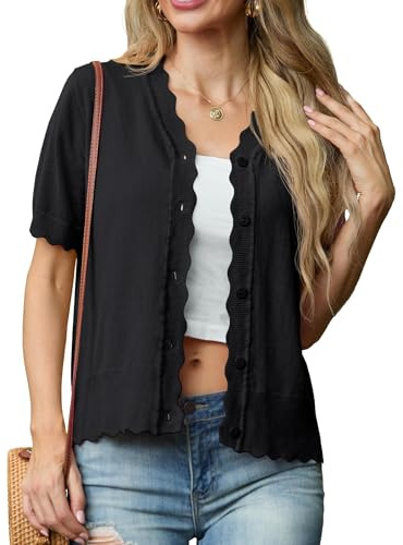 GRECERELLE Womens Summer Cardigan Lightweight Button Down Short Sleeve Cardigans Ladies Knit V-Neck Scalloped Shrugs Cardigans (Black, L)