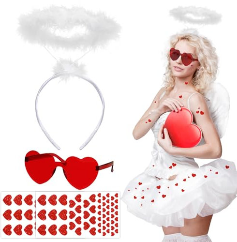 BOOMTOP Heiligenschein Engel Kostüm Haarreif Weiß 4pcs Engelskostüm Kinder Damen Engel Zubehör mit Glitzer Herz Aufkleber Herz Sonnenbrillen für Karneval Fasching Weihnachten Valentinstag Mottoparty