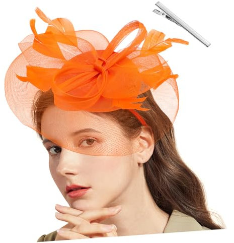 DEARMAMY Gauze Flower Headband Women's Fascinator Hat for Wedding Banquet Tea Party Styling Orange