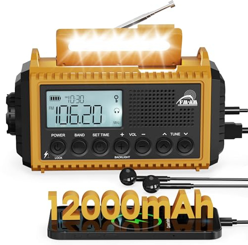 Kurbelradio, 12000mAh Notfallradio, Camping Radio mit Kurbel & Solar, AM/FM | Taschenlampe & Leselicht, LCD-Display, USB-C, SOS, IPX6, Weltempfänger Radio, Tragbare Radio für Notfälle, Blackout, Outdoor