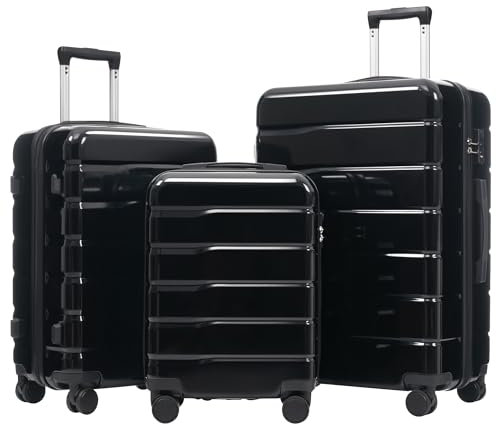 BNUZ M-L-XL Koffer, 3-teiliger Koffer, hergestellt aus ABS+PC-Material, mit doppelten 360°-Drehrollen, TSA-Schloss, Innenfächer – ideal für Familienreisen oder Geschäftsreisen (Antik Schwarz)